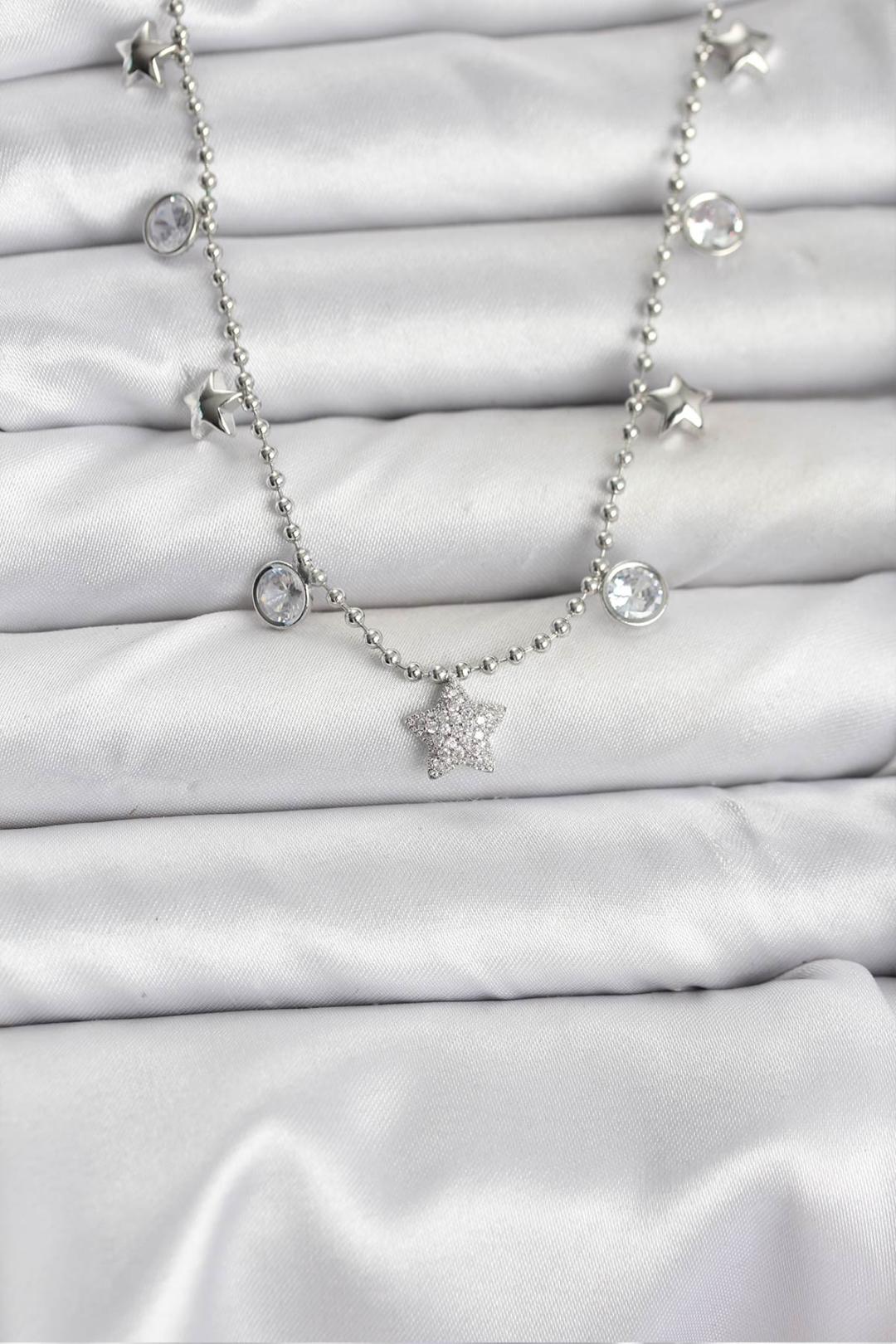 Pirinç Gümüş Renk Yıldız Model Kadın Kolye