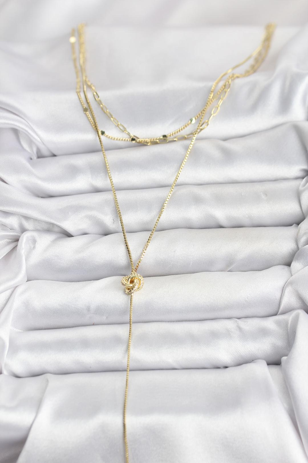 Pirinç Gold Renk Düğüm Model Detaylı 3'lü Kombin Y Kadın Kolye