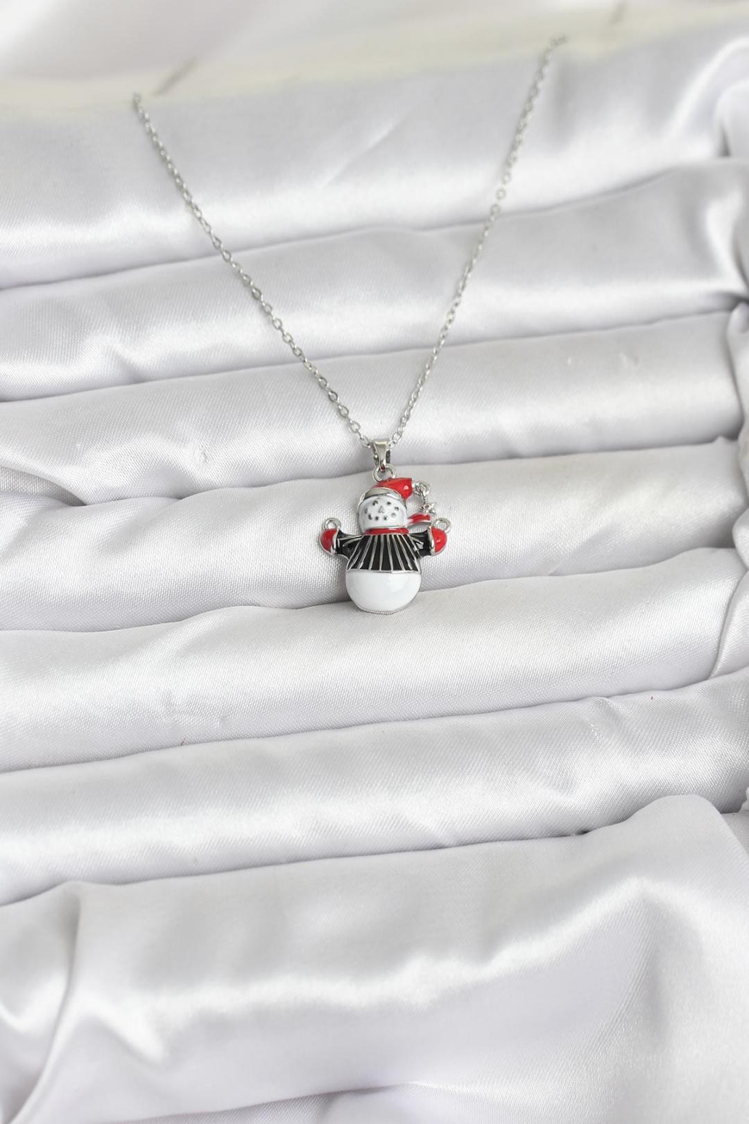 316L Çelik Zincir Gümüş Renk Kardan Adam Figürlü Yılbaşı Temalı Kadın Kolye