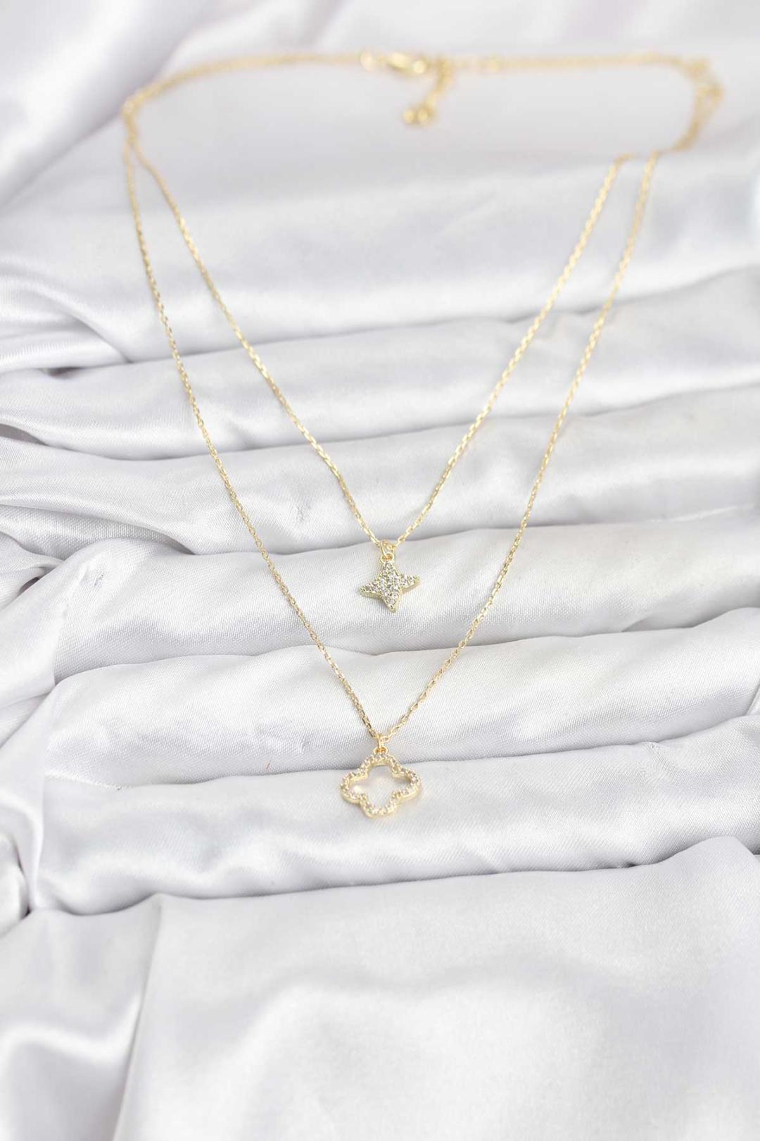 Pirinç Gold Renk Yonca Model 2'li Kadın Kolye