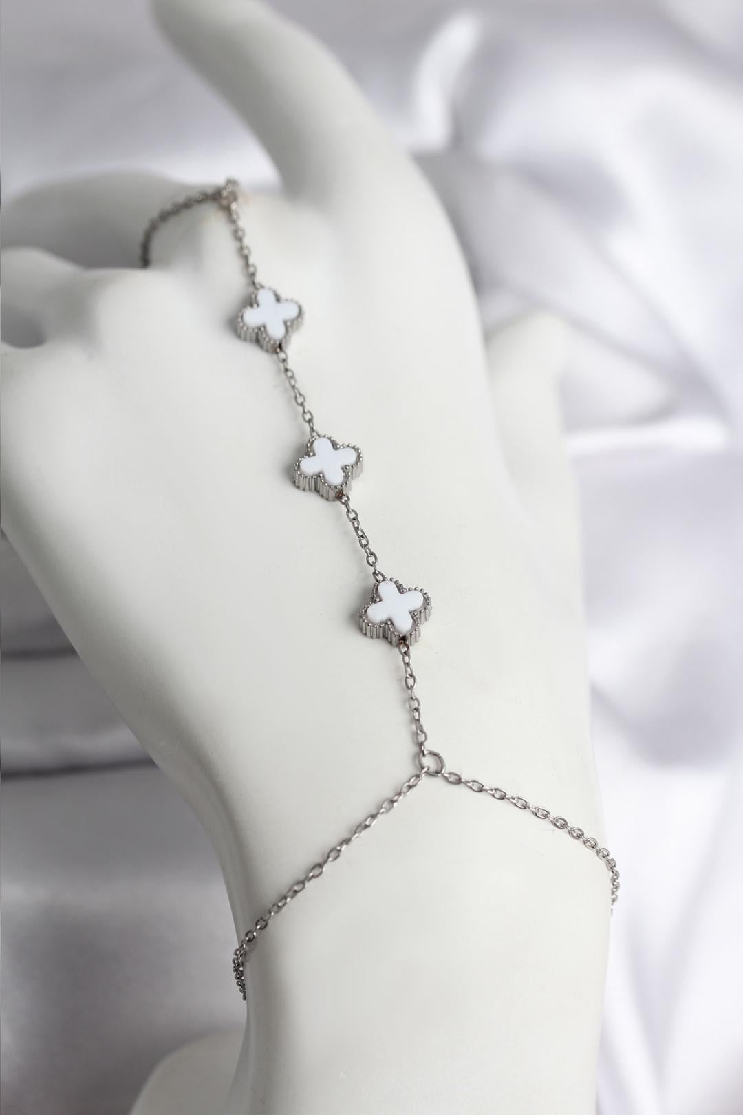 316L Çelik Gümüş Renk Beyaz Yonca Model Kadın Şahmeran