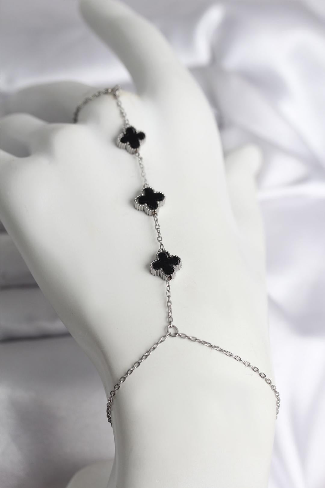 316L Çelik Gümüş Renk Siyah Yonca Model Kadın Şahmeran