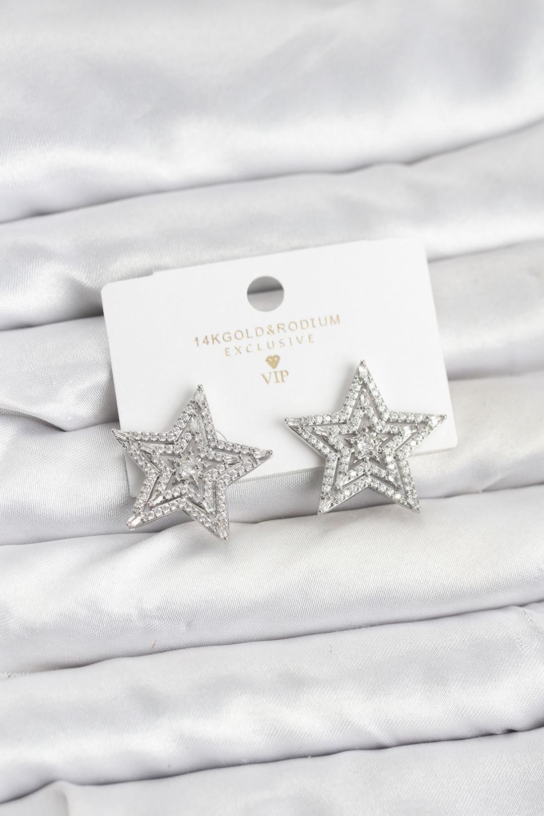 Gümüş Renk Pirinç Zirkon Taşlı Yıldız Model Kadın Küpe