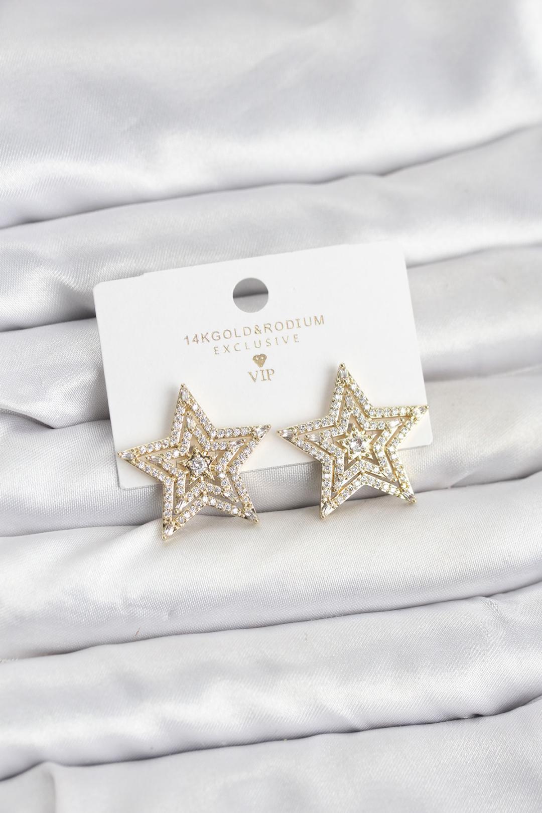 Gold Renk Pirinç Zirkon Taşlı Yıldız Model Kadın Küpe