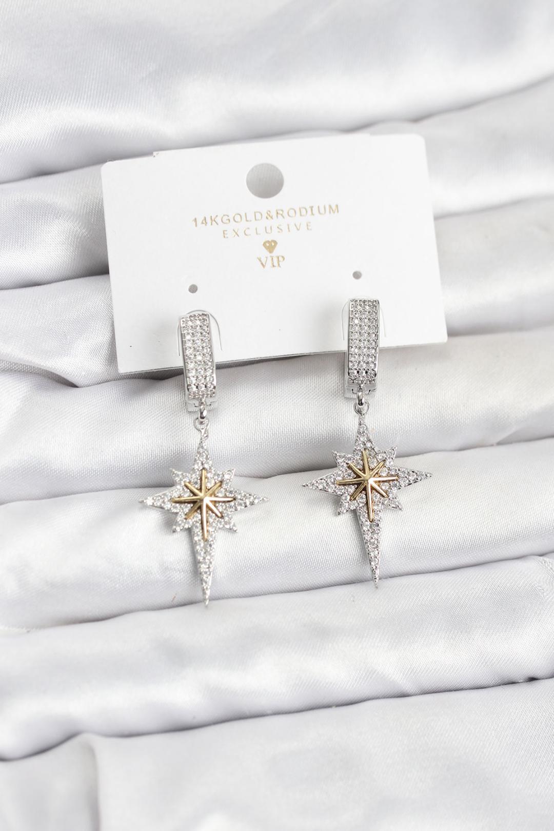 Zirkon Taşlı Gümüş Renk Pirinç Kutup Yıldızı Model Kadın Küpe