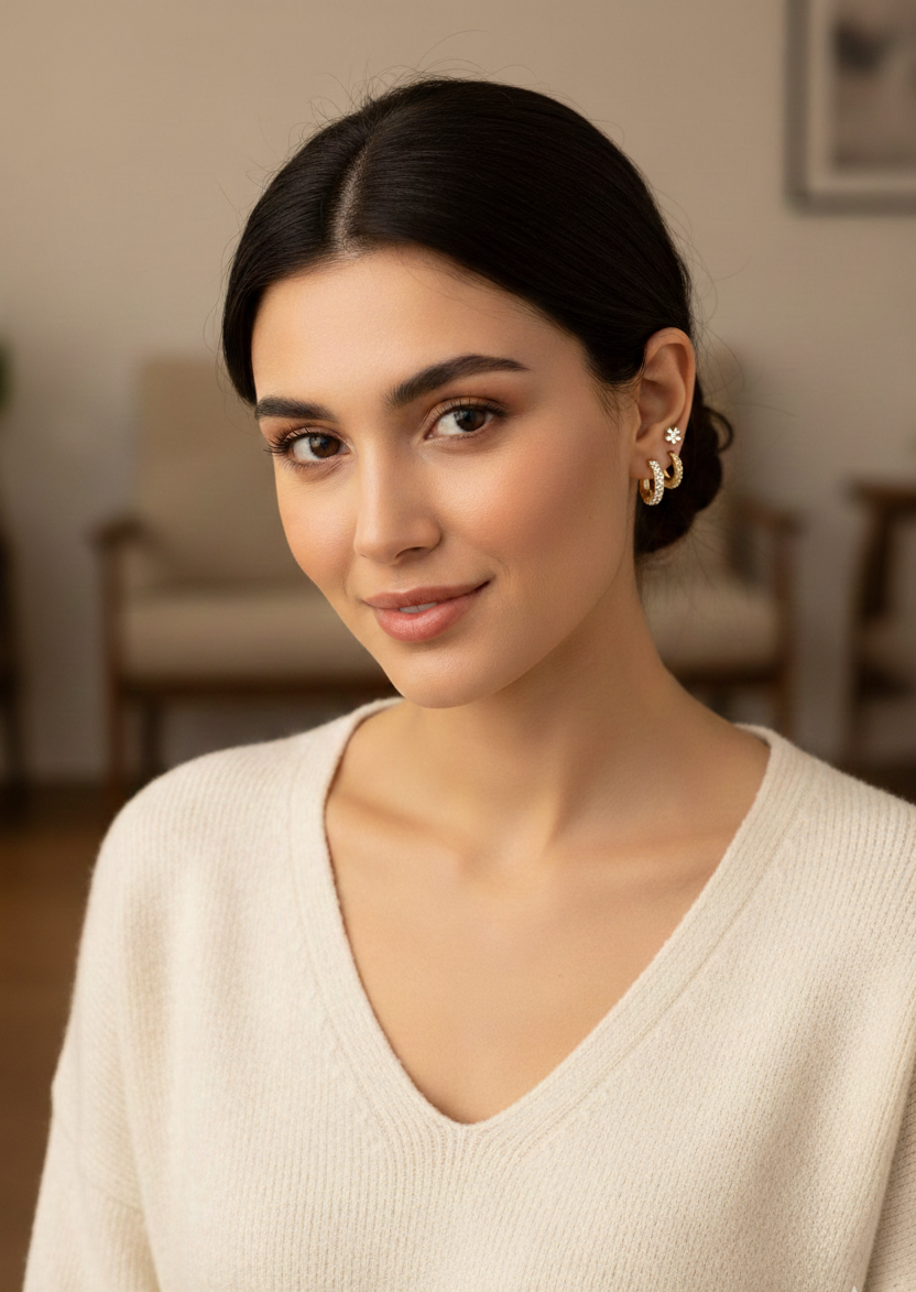 Gold Renk Pirinç Zirkon Taşlı 925 Ayar Gümüş Çivili Kadın Küpe Seti