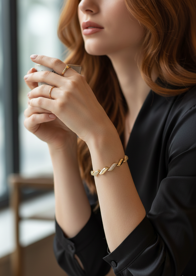 Pirinç Gold Renk Zirkon Taşlı Sarmal Model Kadın Bileklik