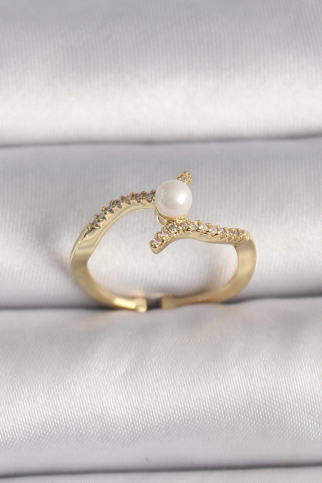 Pirinç Gold Renk Zirkon Taşlı İncili Ayarlanabilir Yüzük