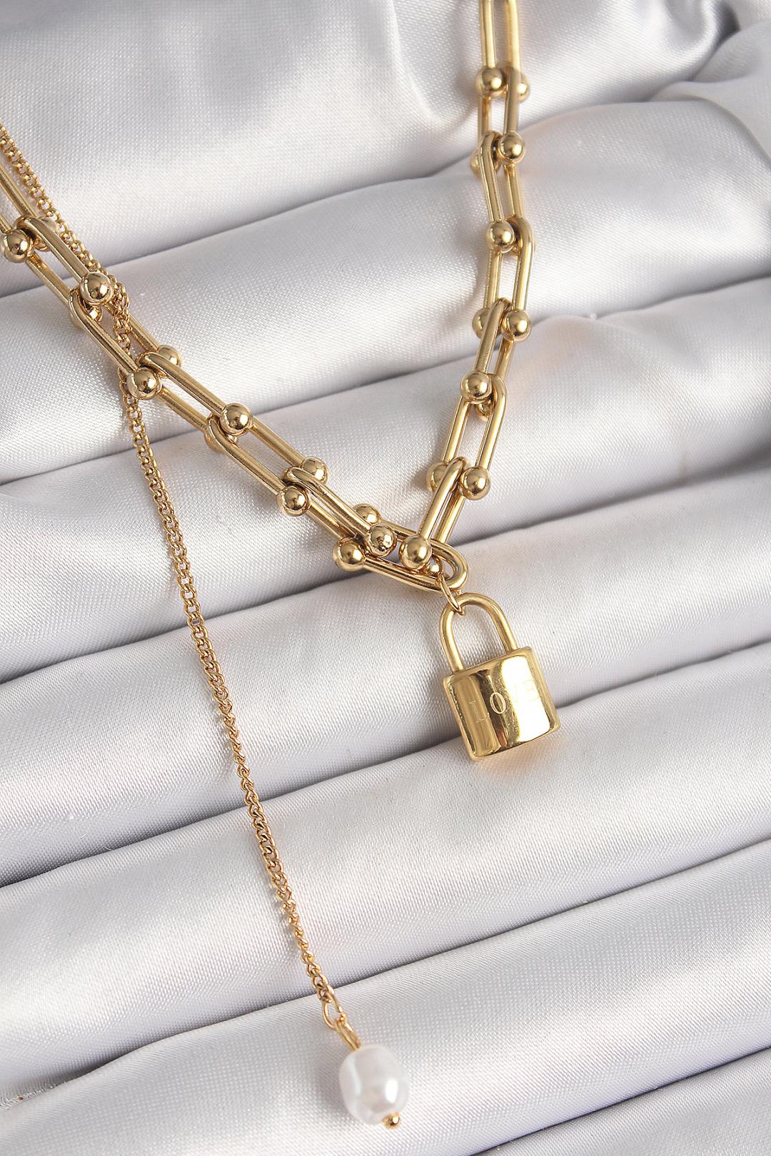 316L Çelik Gold Renk Tifany Zincir Model Kilit Figür Sallantı İnci Detay Kadın Kolye
