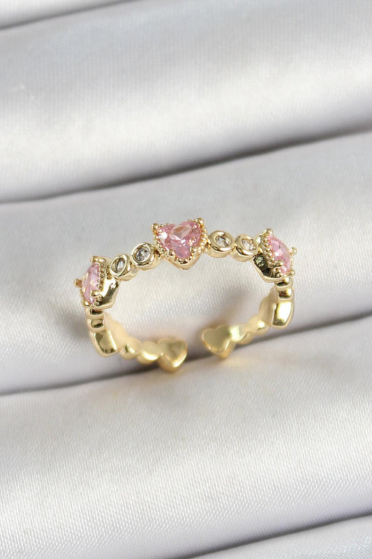 Pirinç Sıralı Kalp Figürlü Zirkon Taşlı Gold Renk Ayarlanabilir Kadın Yüzük