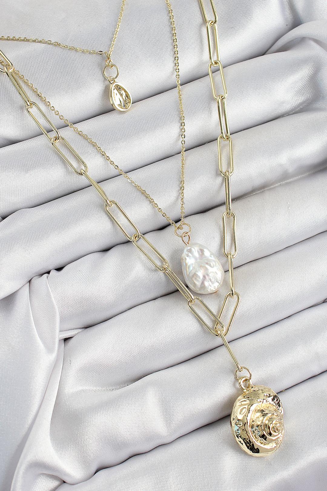 Pirinç Çoklu Zincirli İncili Deniz Kabuğu Model Gold Renk Kadın Kolye