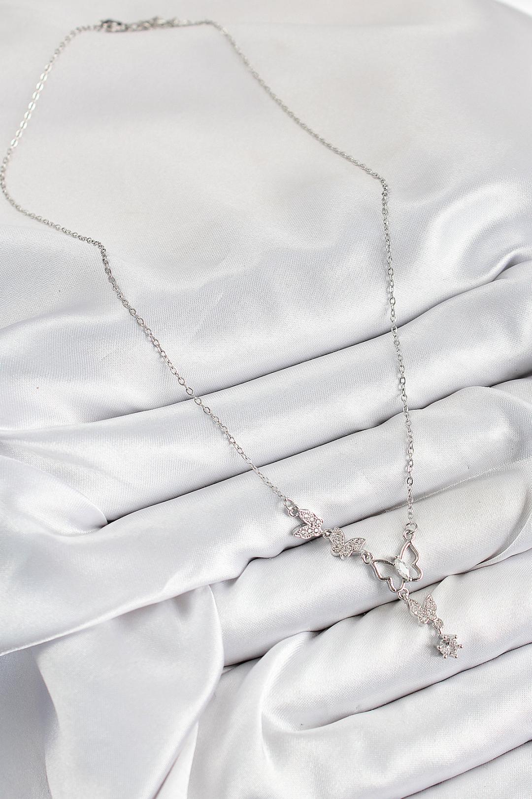 316L Çelik Zirkon Taşlı Kelebek Model Gümüş Renk Kadın Kolye