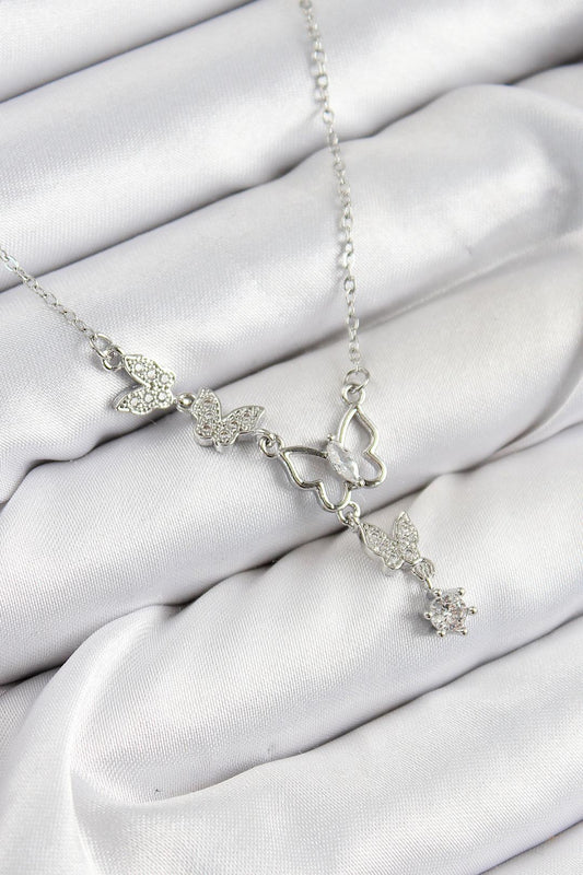 316L Çelik Zirkon Taşlı Kelebek Model Gümüş Renk Kadın Kolye