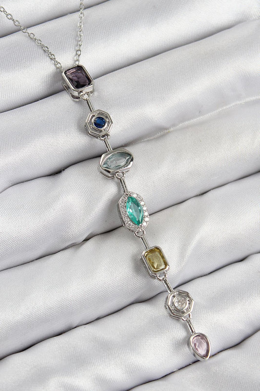 Pirinç Renkli Zirkon Taşlı Model Gümüş Renk 7 Element Kadın Y Kolye