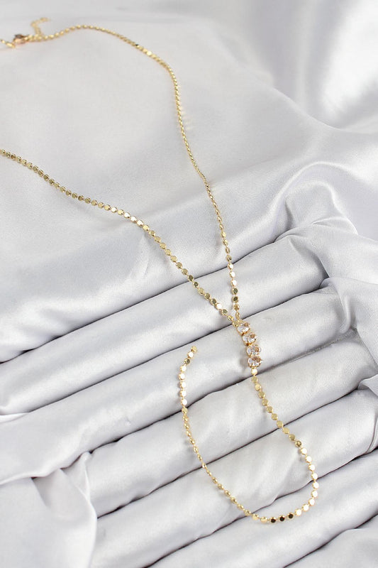 Pirinç Zirkon Taşlı Ezme Zincirli Model Gold Renk Y Kolye