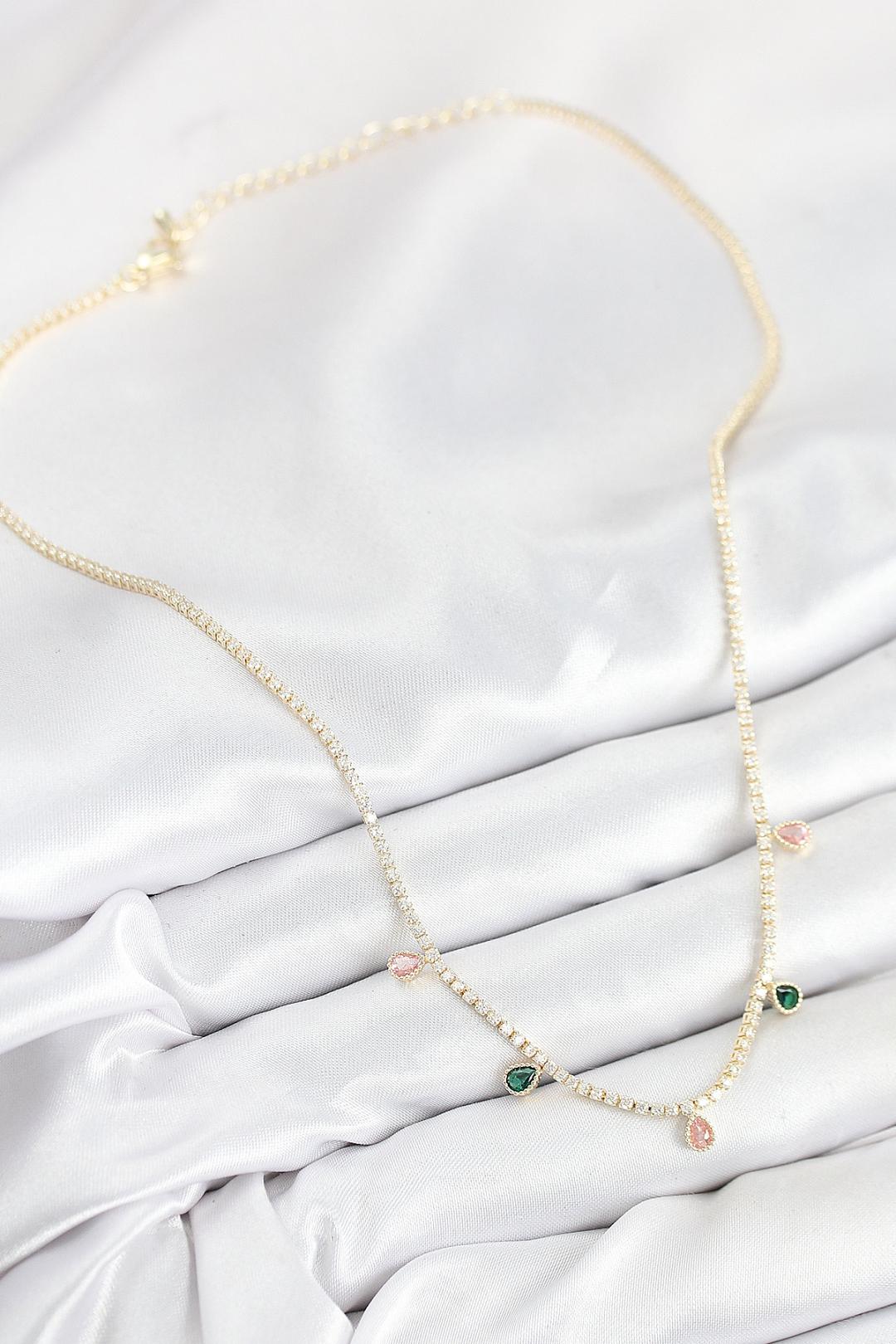 Pirinç Zirkon Taşlı Su Yolu Damla Model Gold Renk Kadın Kolye