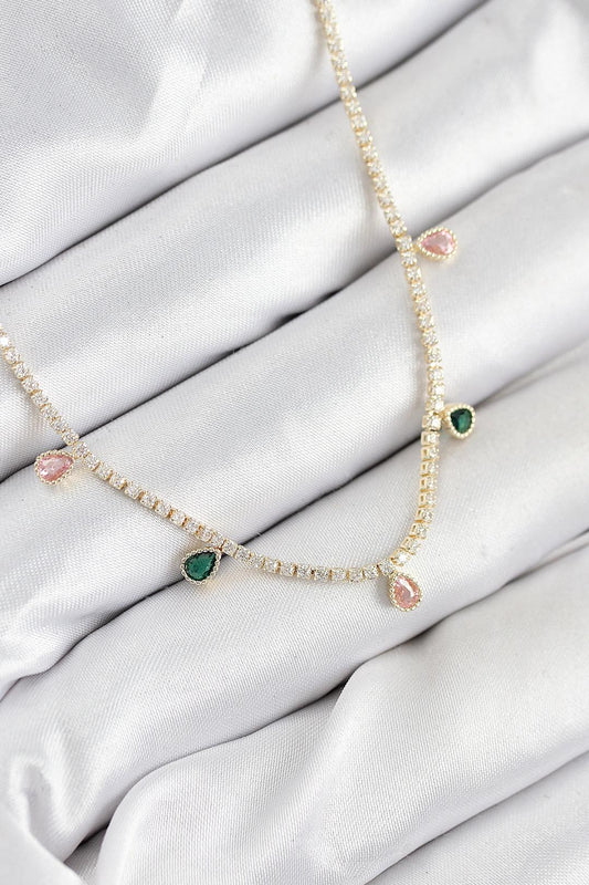 Pirinç Zirkon Taşlı Su Yolu Damla Model Gold Renk Kadın Kolye