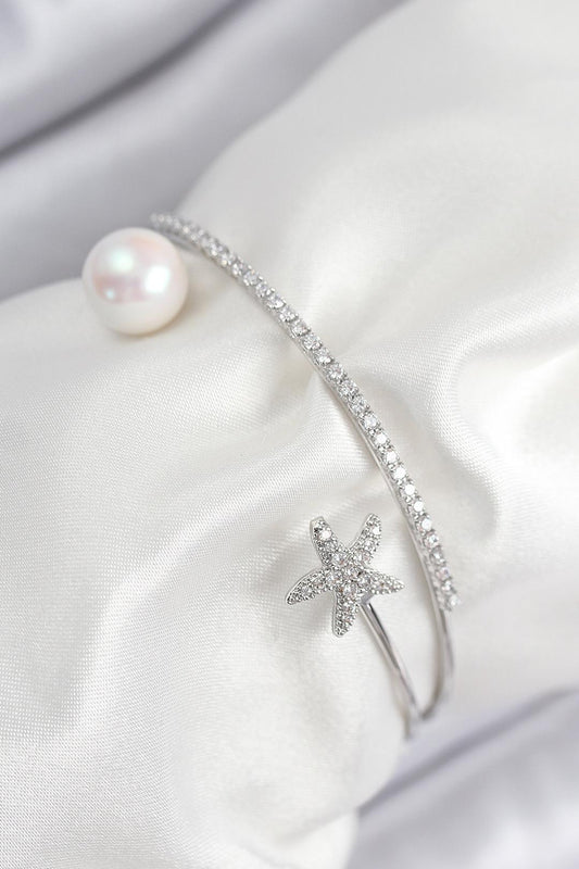 Pirinç Zirkon Taşlı Yıldız Ve İnci Model Gümüş Renk Kadın Bileklik