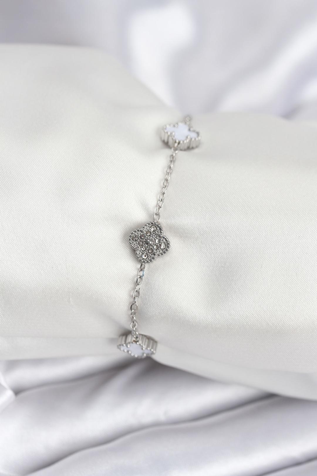 316L Çelik Gümüş Renk Beyaz ve Zirkon Taşlı Baby Boy Yonca Kadın Bileklik