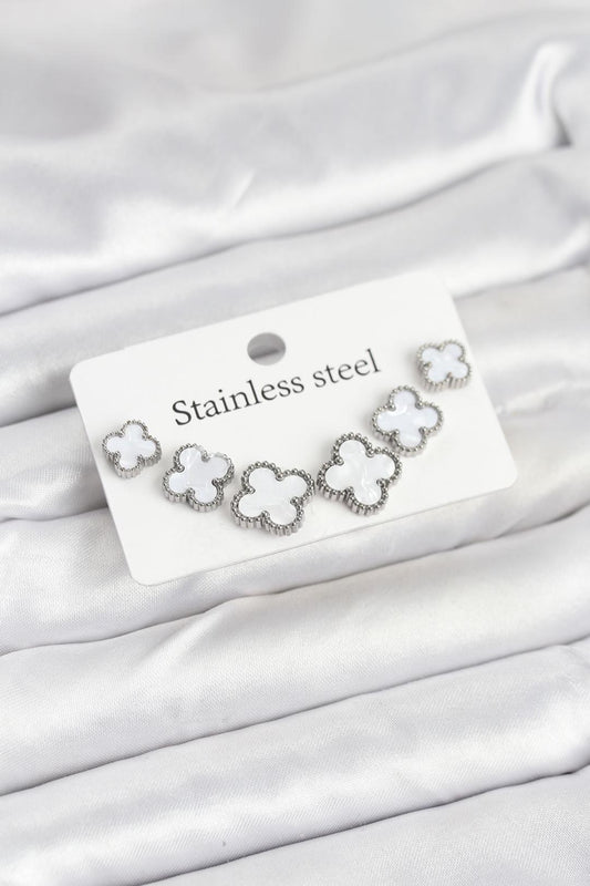 316L Çelik Gümüş Beyaz Renk 3 Boy Yonca Küpe Seti