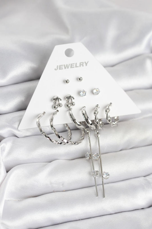 Gümüş Renk Pirinç 6'lı Kadın Küpe Seti