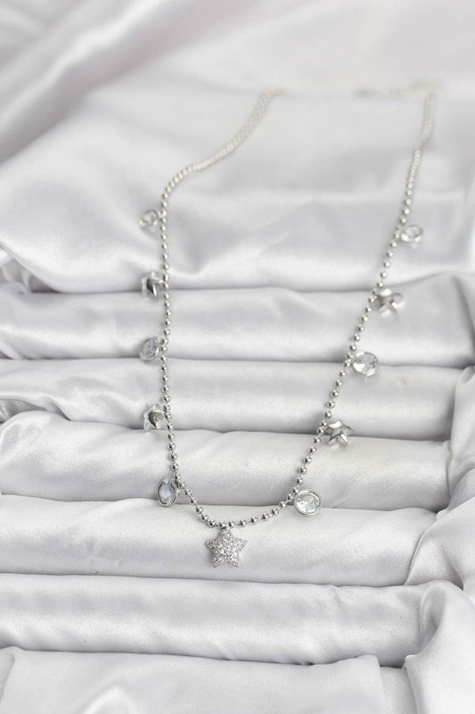 Pirinç Gümüş Renk Yıldız Model Kadın Kolye