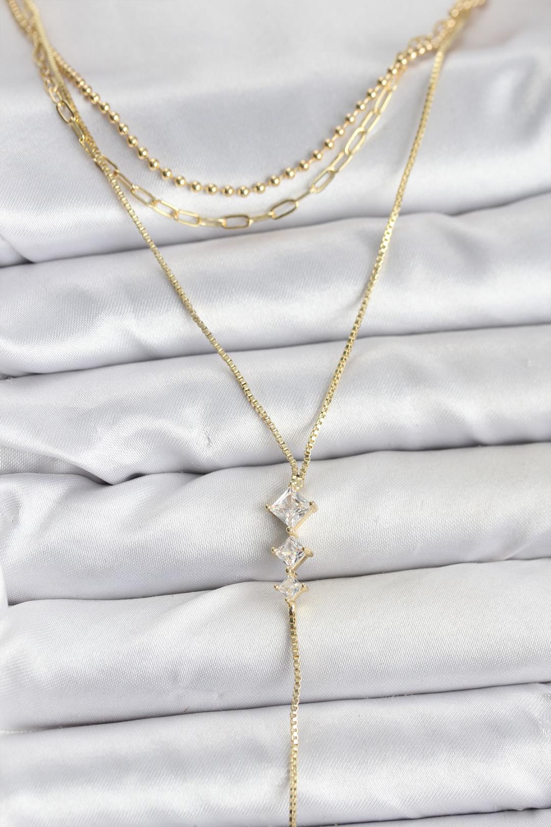 Pirinç Gold Renk Zirkon Taş Detaylı 3'lü Kombin Y Kadın Kolye