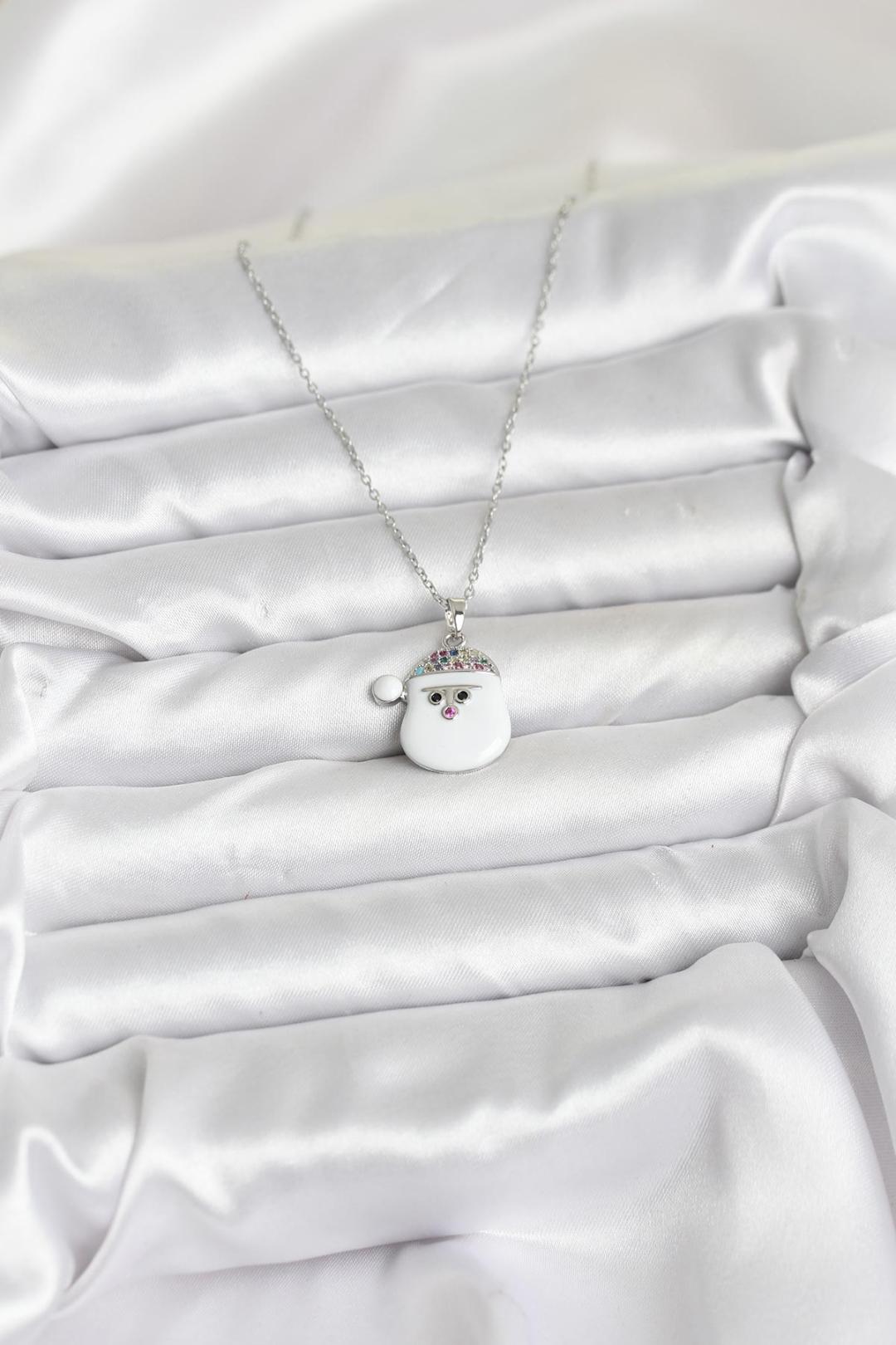 316L Çelik Zincir Gümüş Renk Şapkalı Kardan Adam Kafası Model Yılbaşı Temalı Kadın Kolye