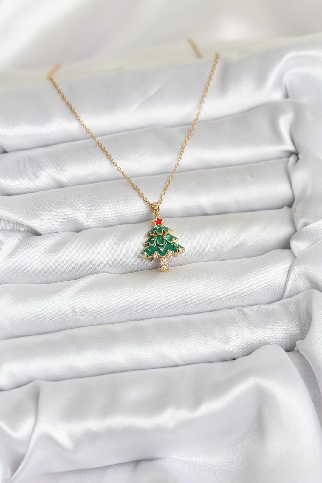 316L Çelik Zincir Gold Renk Çam Ağacı Model Yılbaşı Temalı Kadın Kolye
