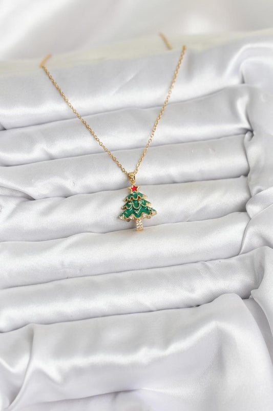 316L Çelik Zincir Gold Renk Çam Ağacı Model Yılbaşı Temalı Kadın Kolye