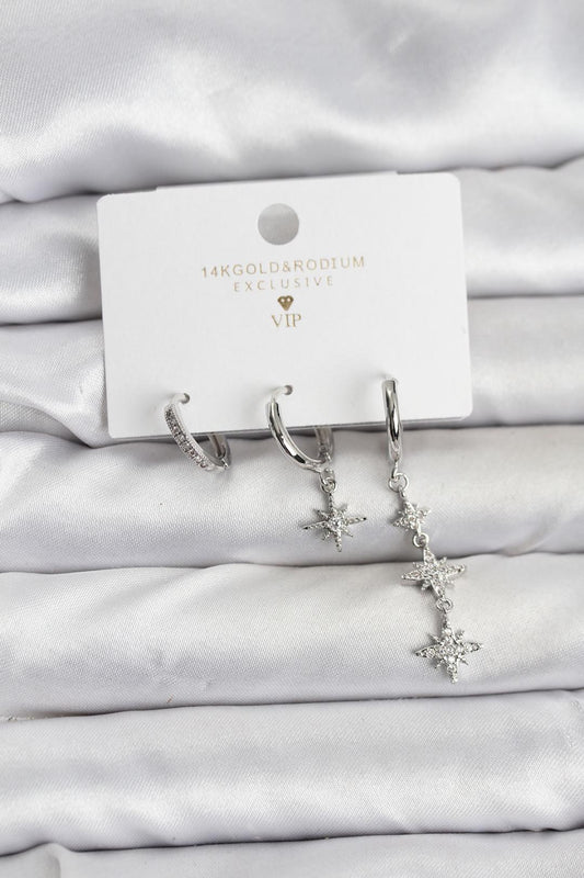 Kutup Yıldızı Model Gümüş Renk Pirinç 3'lü Kadın Küpe Seti