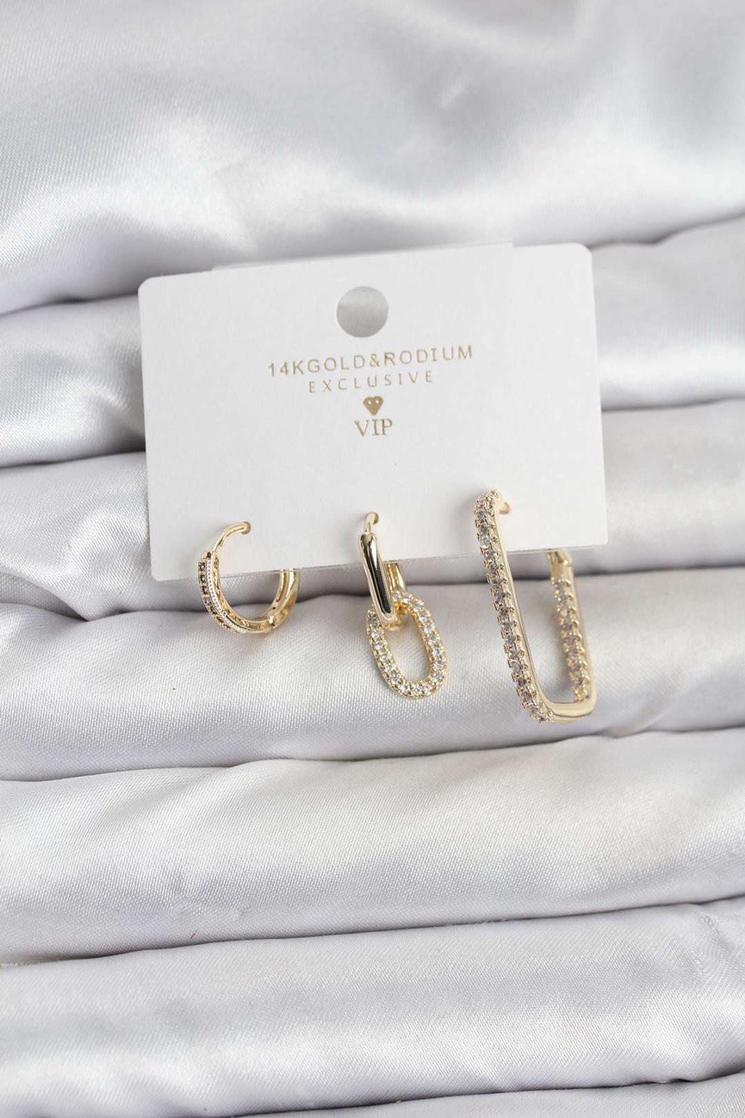 Gold Renk Zirkon Taşlı 3'lü Kadın Küpe Seti