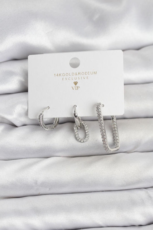 Gümüş Renk Zirkon Taşlı 3'lü Kadın Küpe Seti