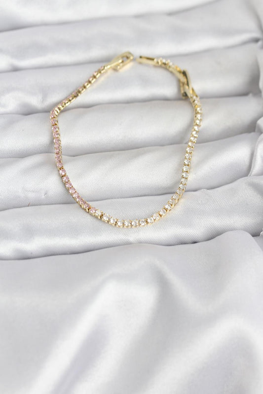 Pembe ve Beyaz Zirkon Taşlı Gold Renk Su Yolu Kadın Bileklik