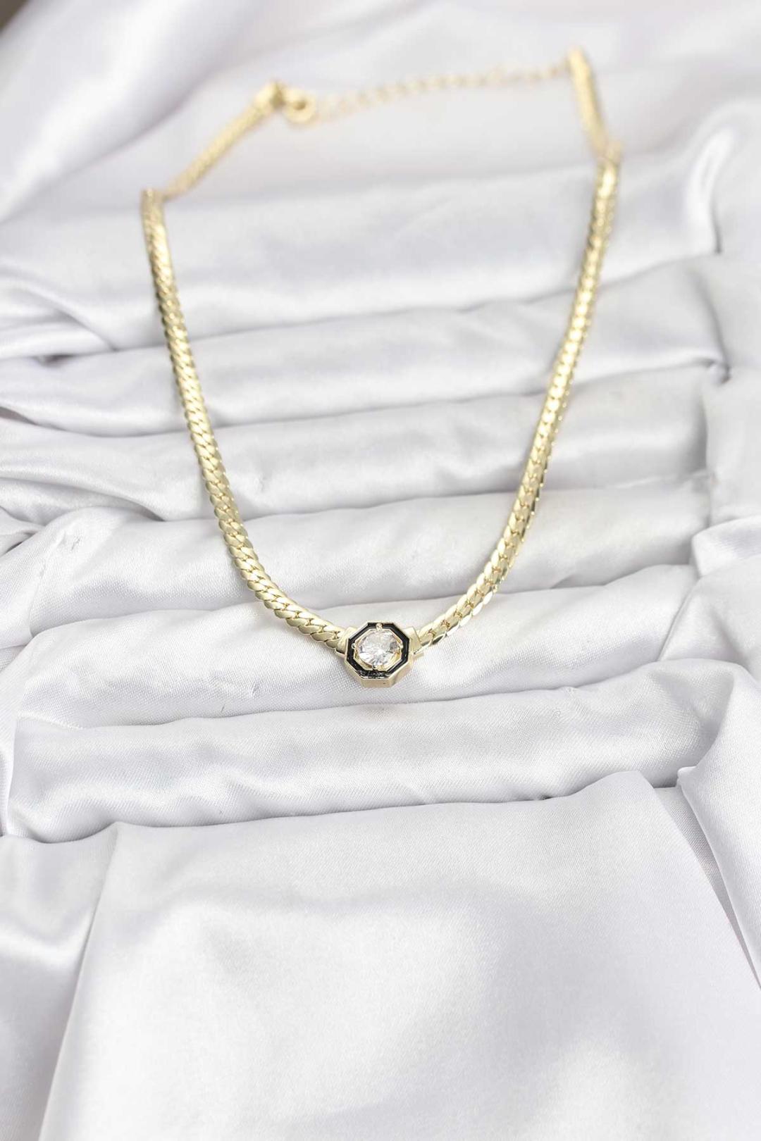 Gold Renk Pirinç Zirkon Taşlı Kadın Kolye