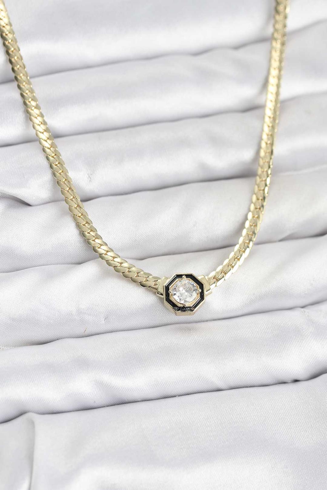 Gold Renk Pirinç Zirkon Taşlı Kadın Kolye