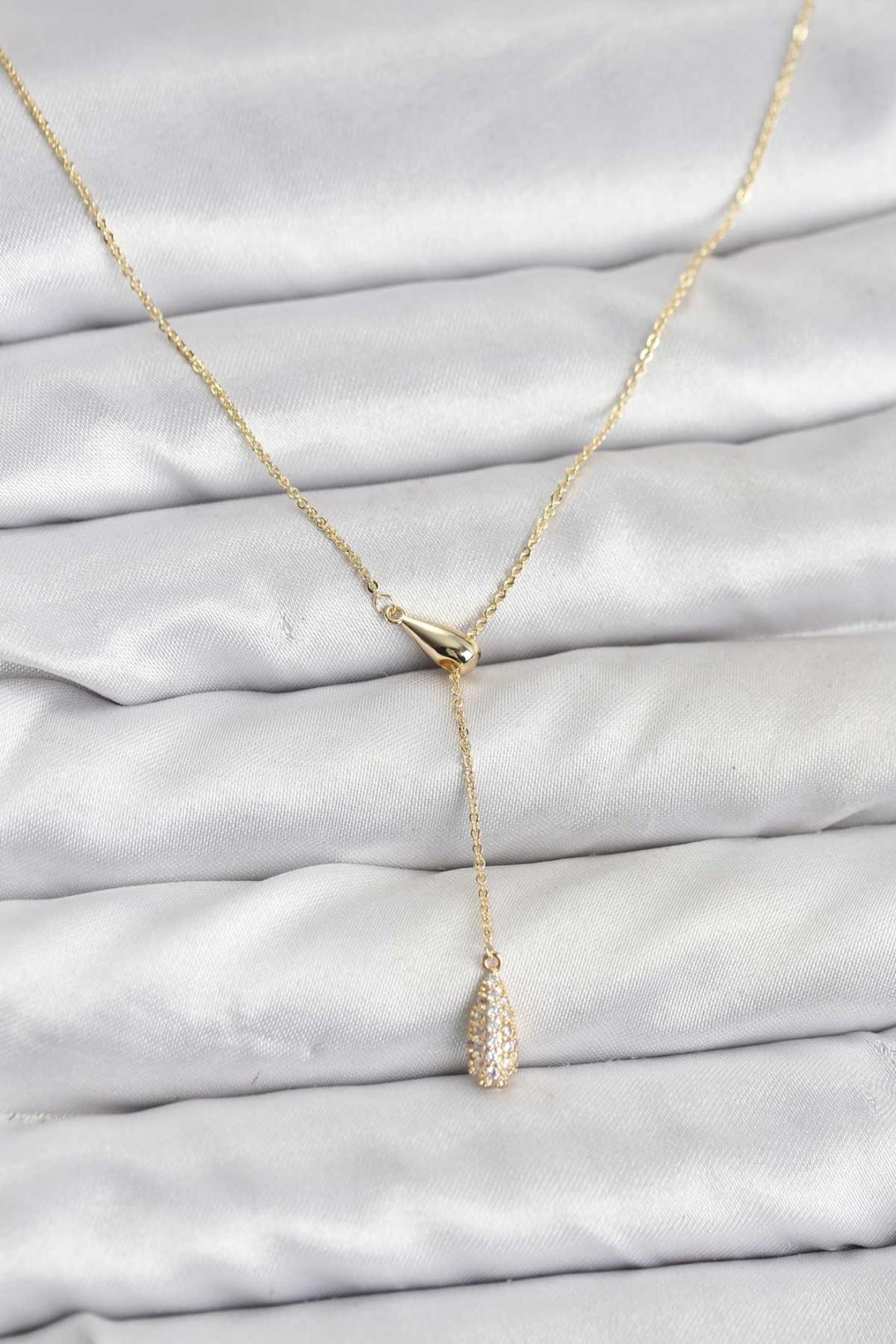 Pirinç Gold Renk Asansörlü Damla Model Kadın Kolye