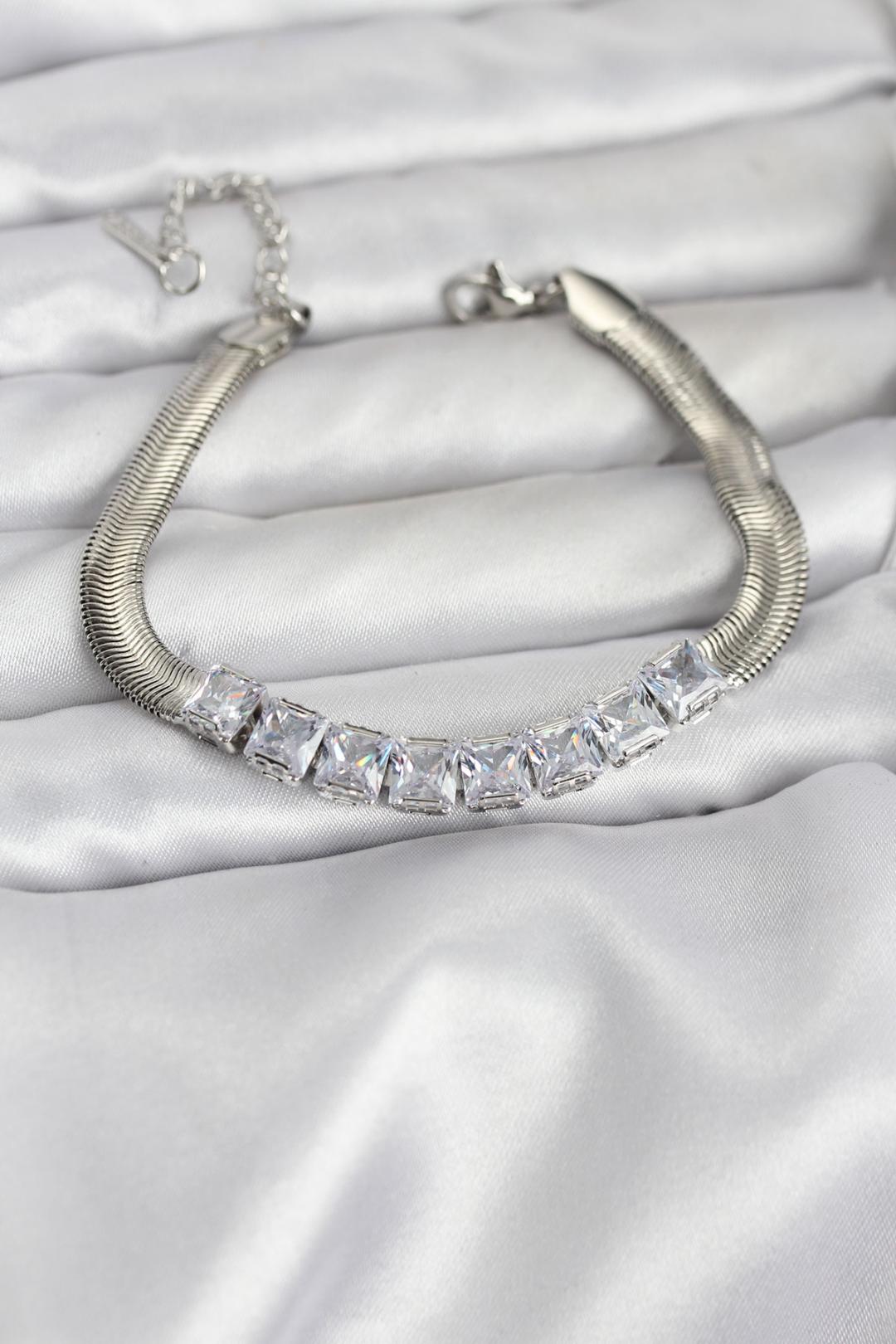 316L Çelik Gümüş Renk Kare Zirkon Taşlı Yılan Zincirli Kadın Bileklik