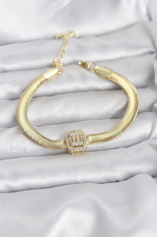316L Çelik Gold Renk Baget Zirkon Taşlı Yılan Zincirli Kadın Bileklik