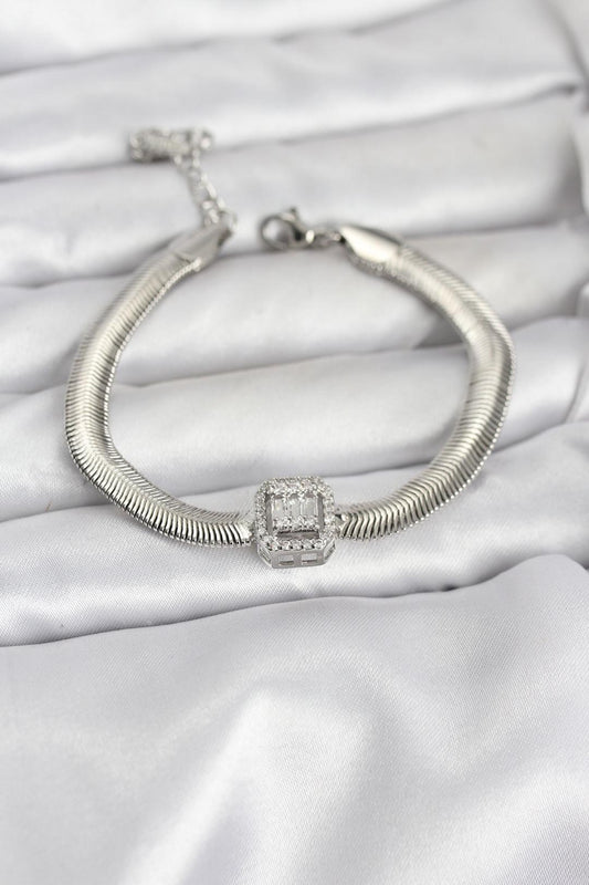 316L Çelik Gümüş Renk Baget Zirkon Taşlı Yılan Zincirli Kadın Bileklik