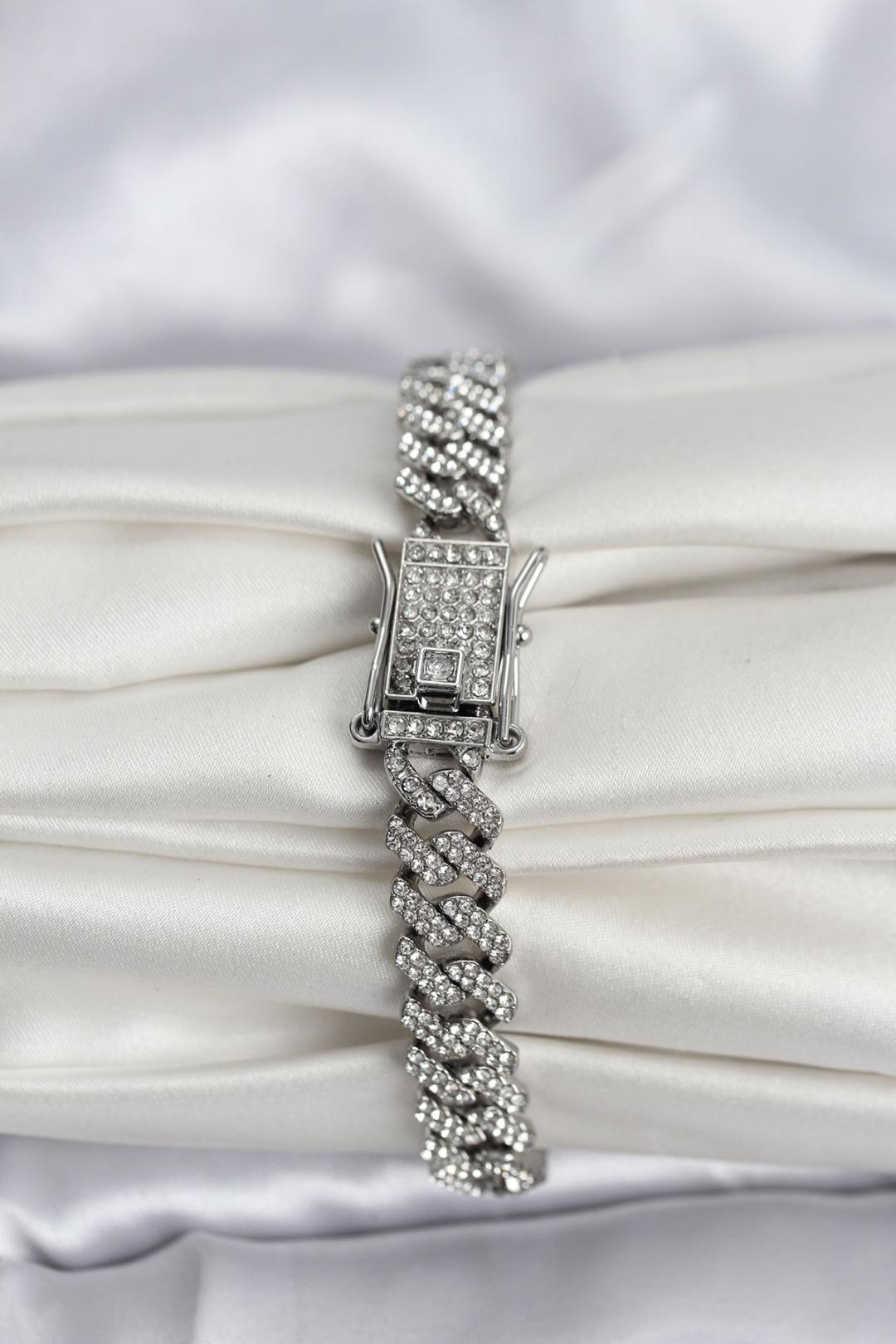 Gümüş Renk Pirinç Cuba Chain Gurmet Bileklik