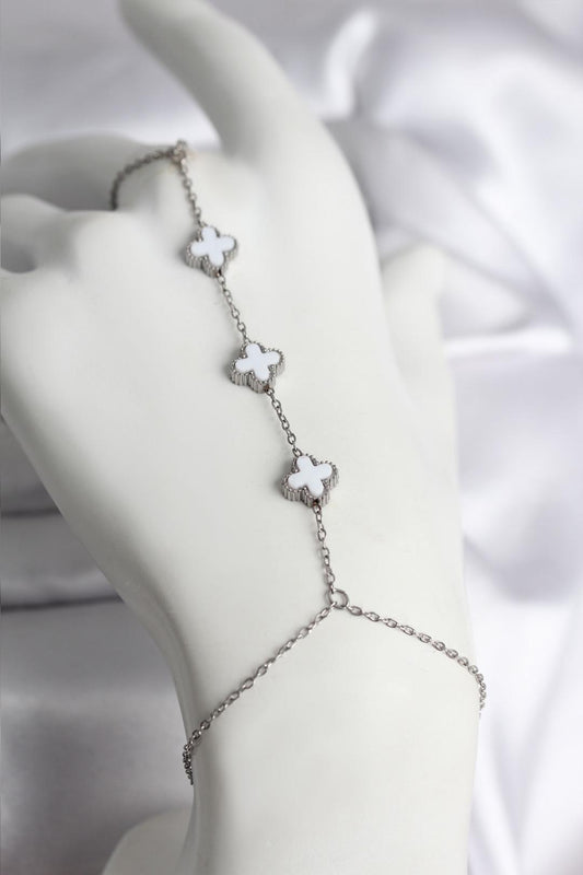 316L Çelik Gümüş Renk Beyaz Yonca Model Kadın Şahmeran