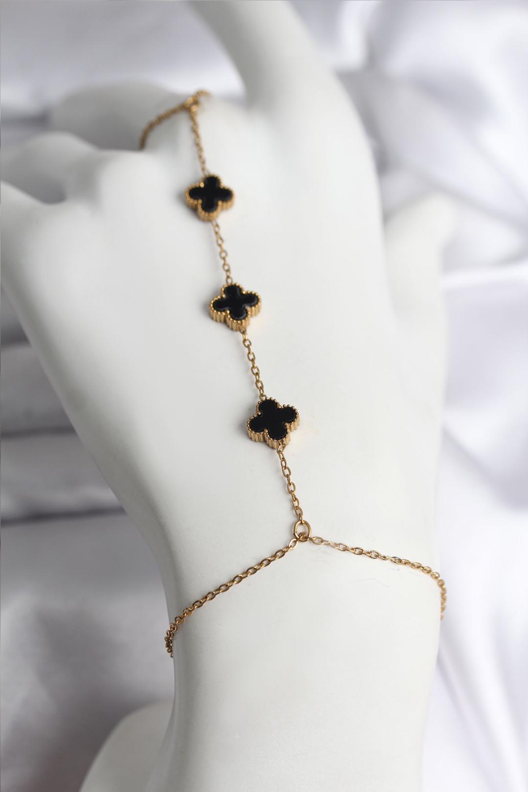 316L Çelik Gold Renk Siyah Yonca Model Kadın Şahmeran