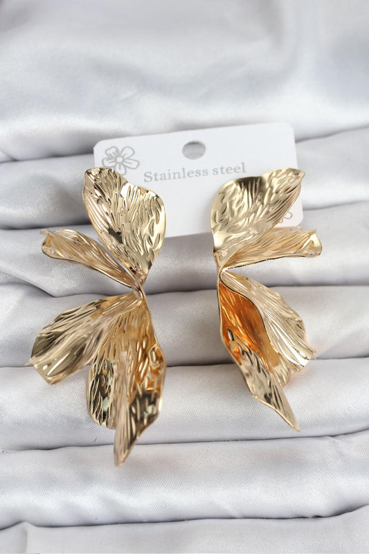 316L Çelik Gold Renk Lotus Yaprak Kadın Küpe