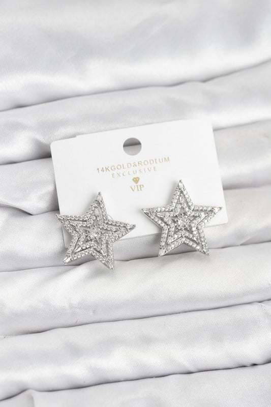 Gümüş Renk Pirinç Zirkon Taşlı Yıldız Model Kadın Küpe