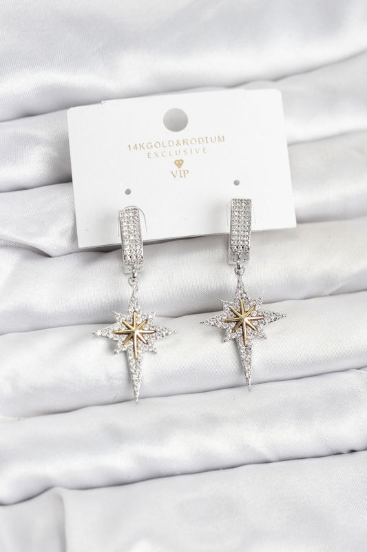 Zirkon Taşlı Gümüş Renk Pirinç Kutup Yıldızı Model Kadın Küpe