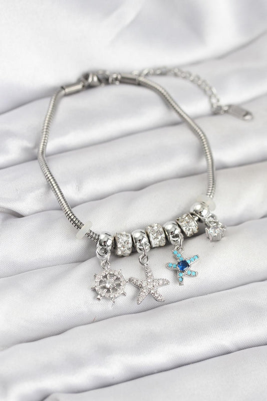 Pirinç Gümüş Renk Deniz Tema Charmlı Kadın Bileklik