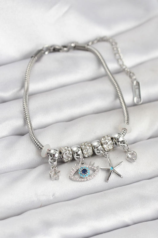 Pirinç Gümüş Renk Göz Model Charmlı Kadın Bileklik