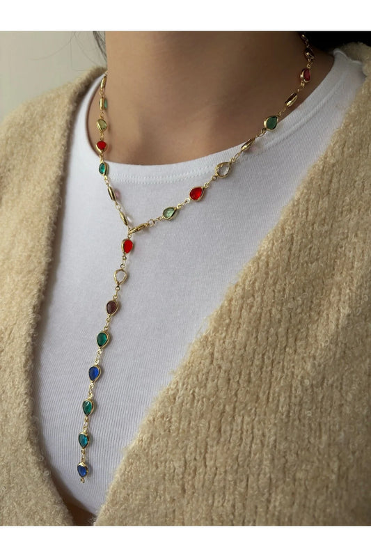 Pirinç Gold Renk Karışık Renk Zirkon Taşlı Kalpli Y Kadın Kolye