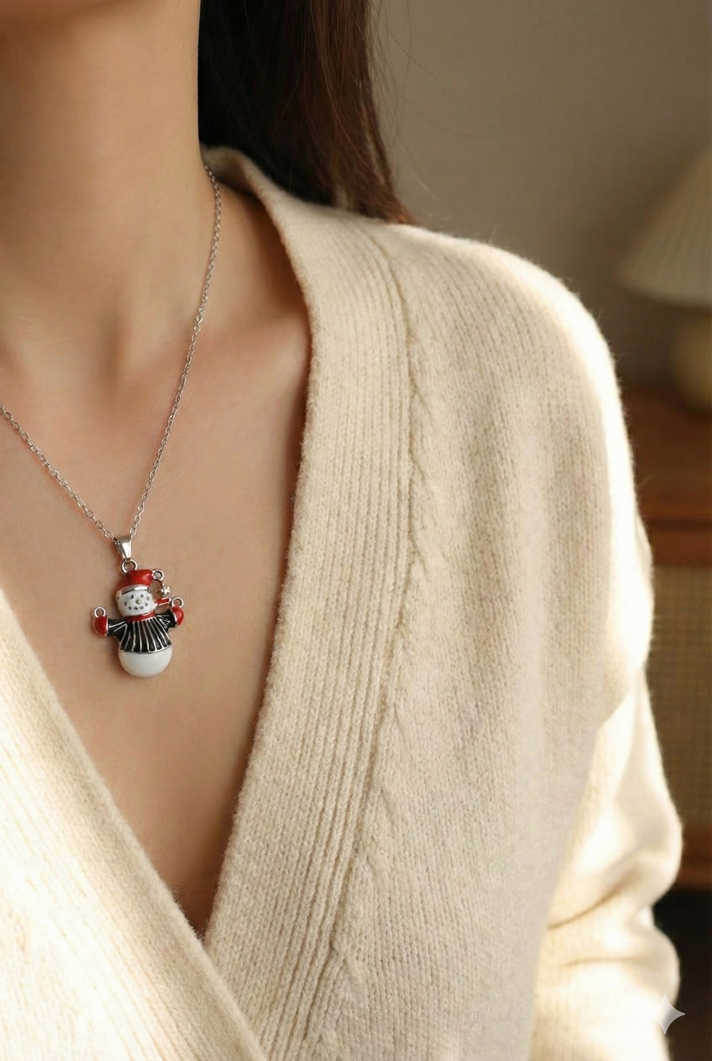 316L Çelik Zincir Gümüş Renk Kardan Adam Figürlü Yılbaşı Temalı Kadın Kolye